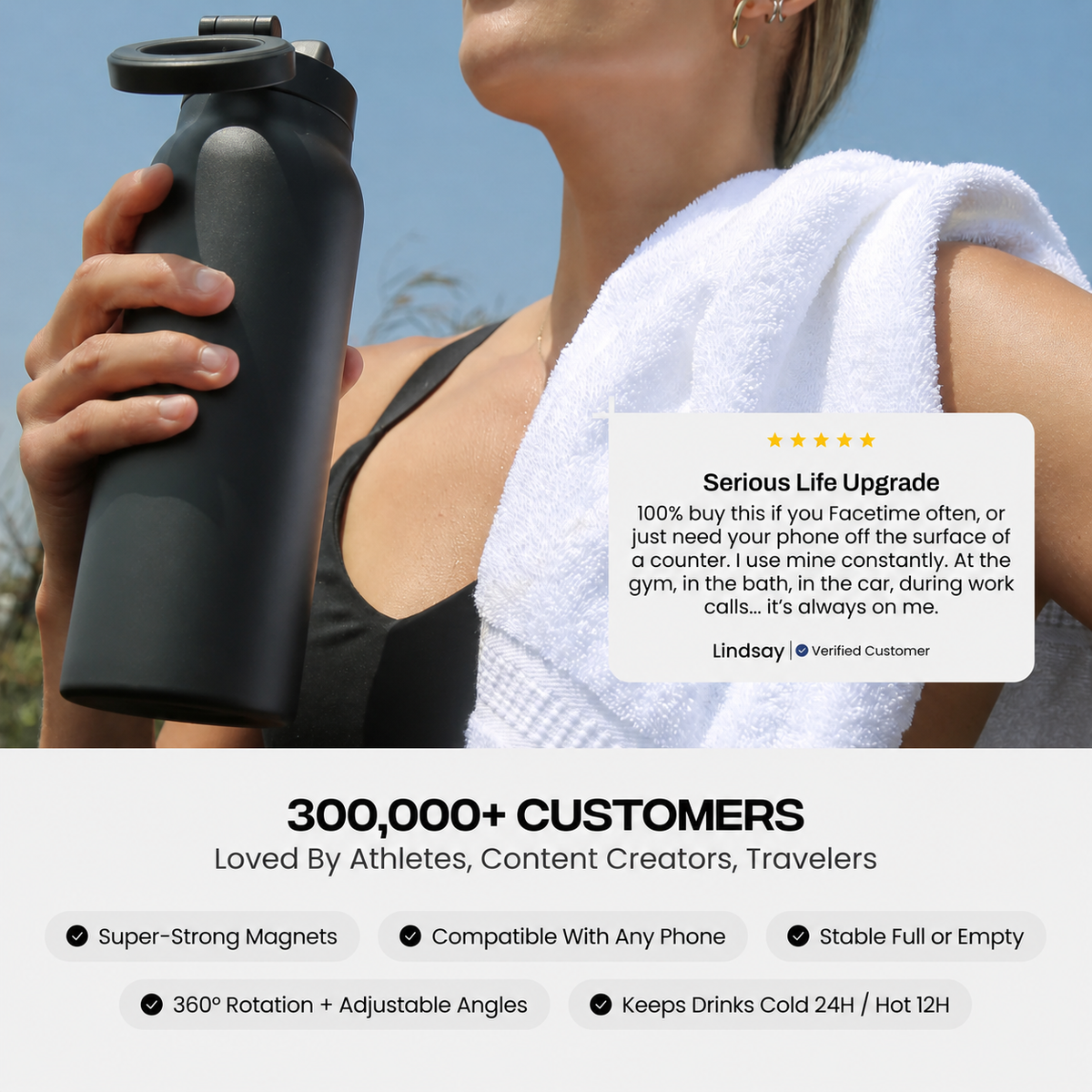 A woman outdoors holding a matte black magnetic water bottle with a white towel over her shoulder. The image includes marketing text and a review badge, with a white lower section reading '300,000+ CUSTOMERS' and feature callouts for the bottle.