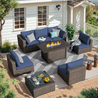 8pcs Patio Furniture Set with Fire Pit Table, Outdoor Sectional Sofa PE Rattan, Patio Conversation Sets with Cushions for Garden Lawn Balcony Porch Deck