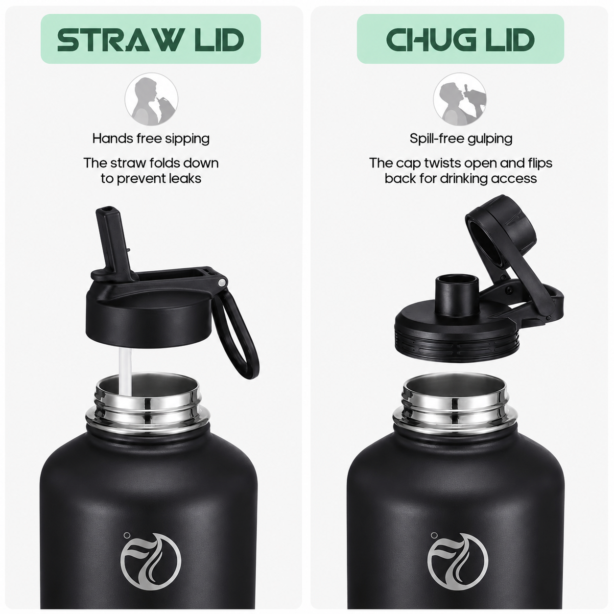 64oz (Half Gallon) Insulated Stainless Steel Water Bottle with 2 Lids with Paracord & Protective Carrier Boot