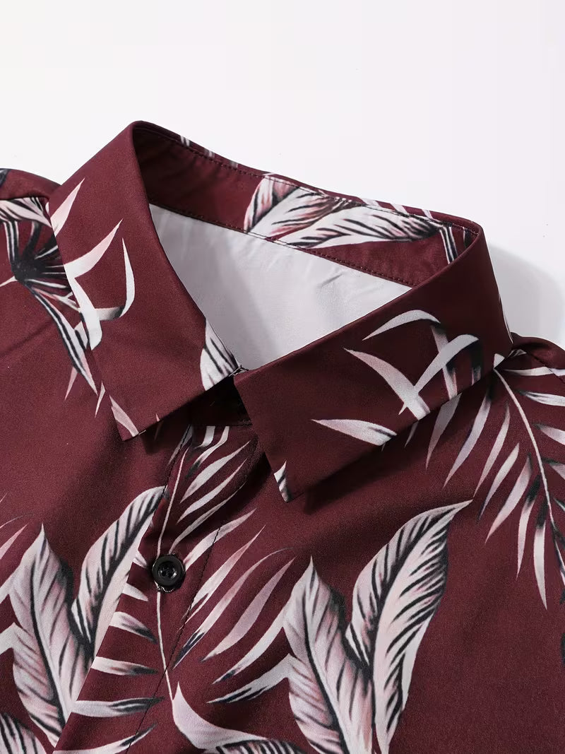 Maroon shirt with white leaf pattern on a white background